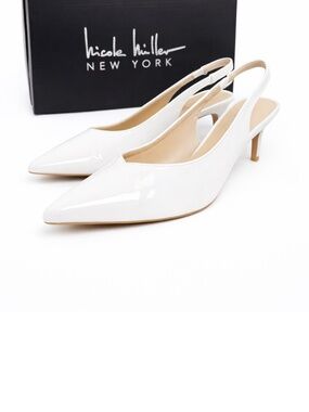 Nicole Miller Lebon White Patent Slingback Kitten Heels Size 8.5